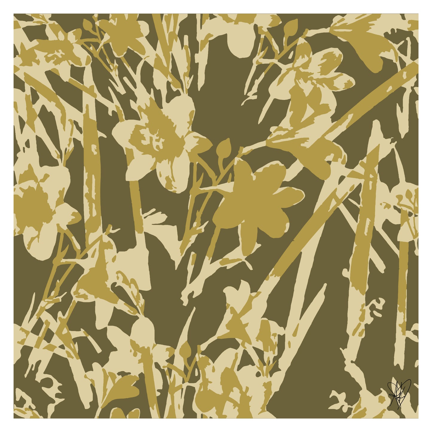 Sage Monochrome Abstracted Daffodils Art Set Framed or Unframed