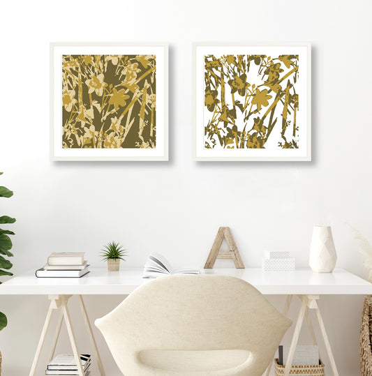Sage Monochrome Abstracted Daffodils Art Set Framed or Unframed