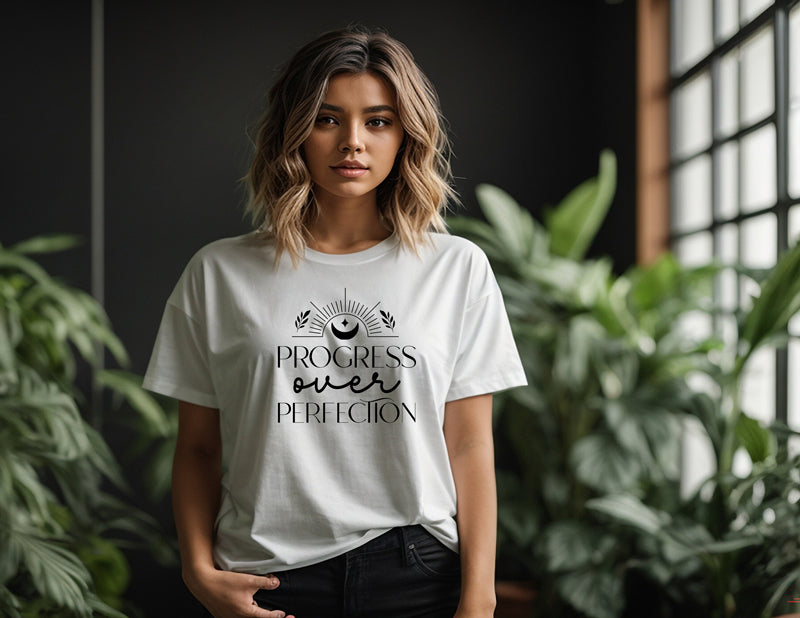 Boho Design Tee with "Progress Over Perfection" Slogan