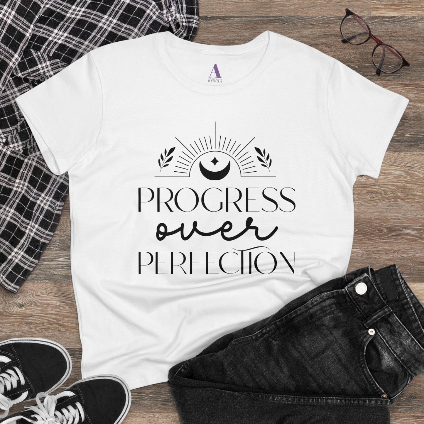Boho Design Tee with "Progress Over Perfection" Slogan